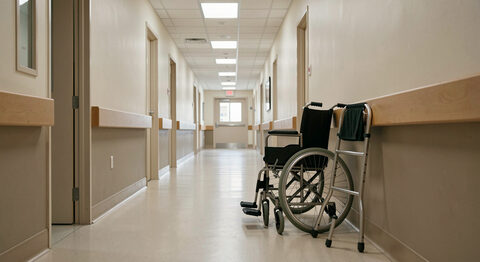 A hospital corridor with a wheelchair and a folded walking frame against the wall, soft overhead light, no people.